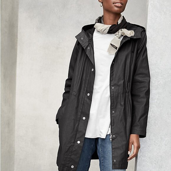 EILEEN FISHER Black Waxed Organic Cotton Twill Hooded Raincoat Sz S - Picture 4 of 10